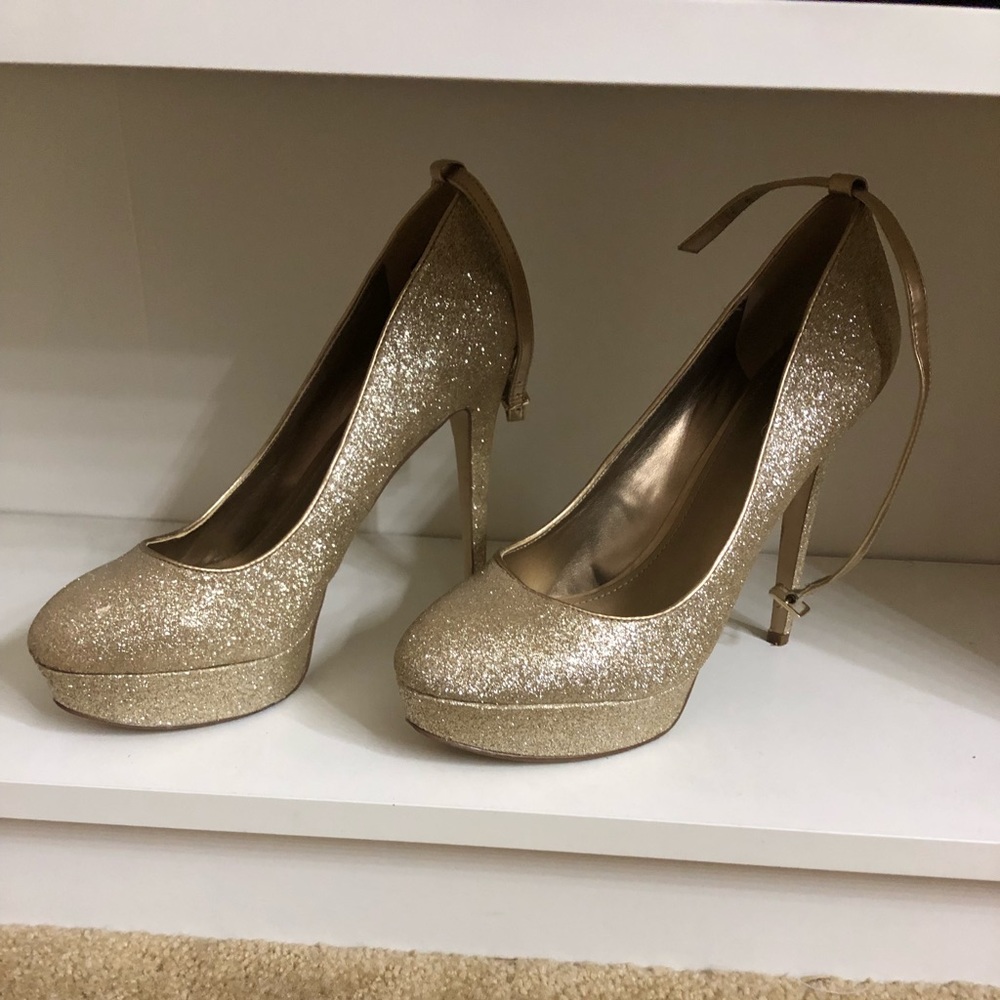 Gold glitter Aldo 10 platform 5in heels Ankle Straps